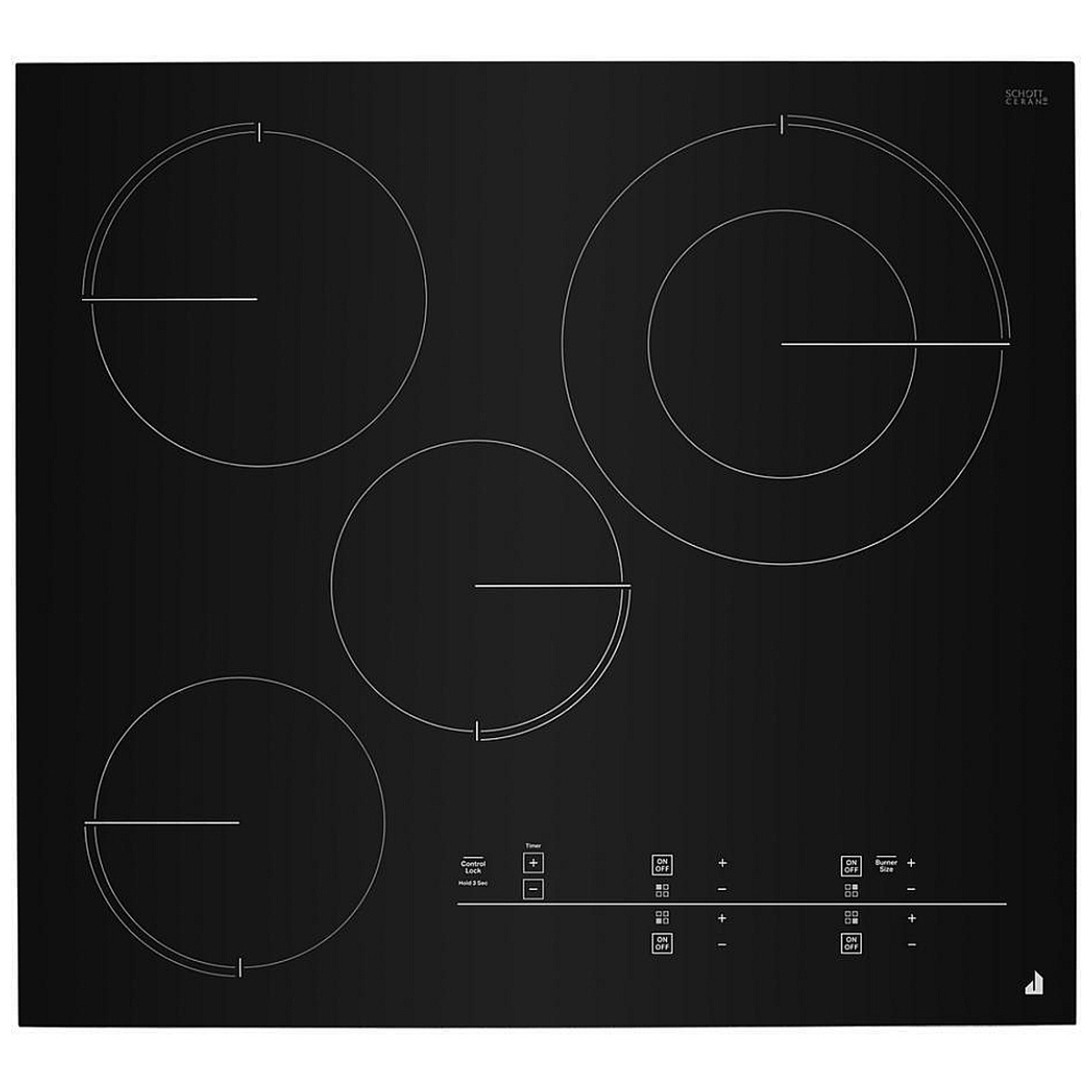 Top-down view showing four element layout on black glass, including a large dual-circle zone.