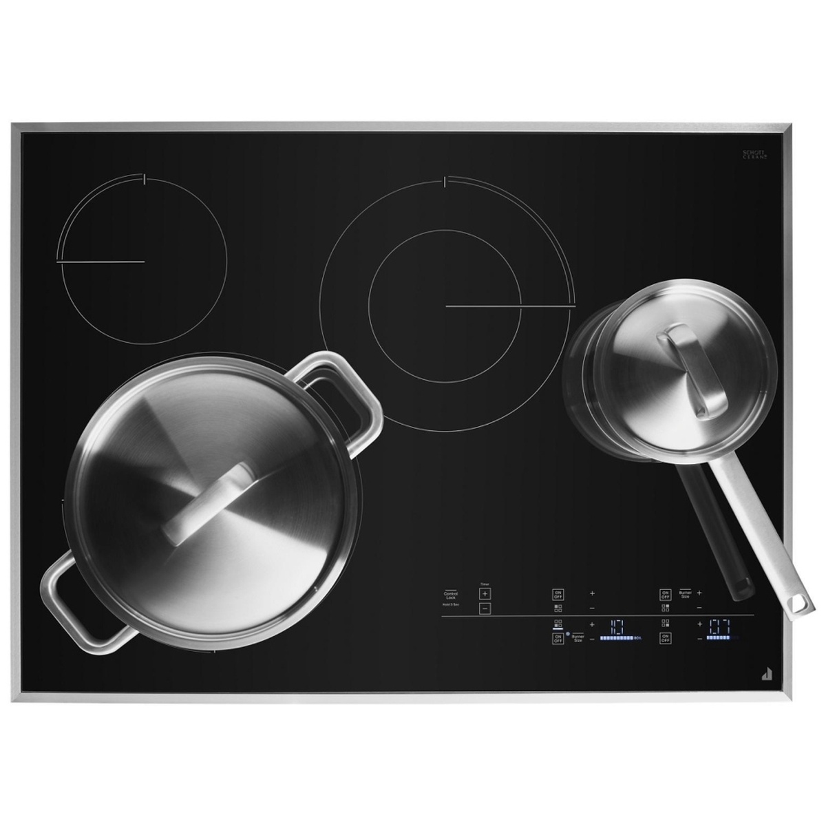 Overhead view of JennAir 30-inch electric cooktop with stainless pots on the black glass surface