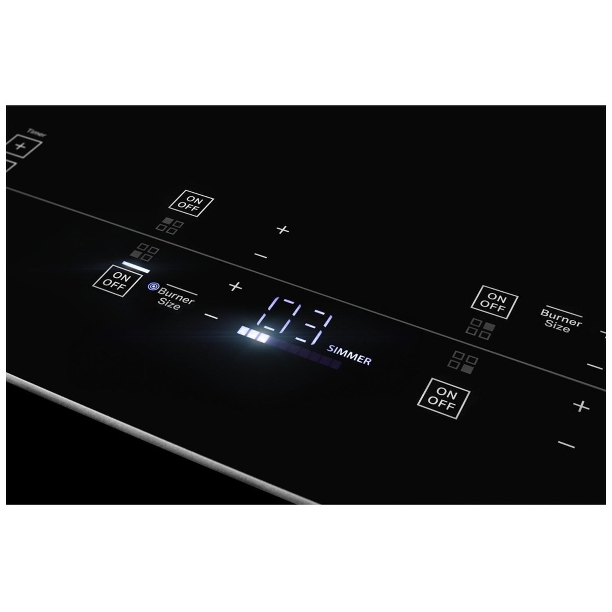 Close-up of JennAir cooktop touch controls showing a white LED display and on/off buttons
