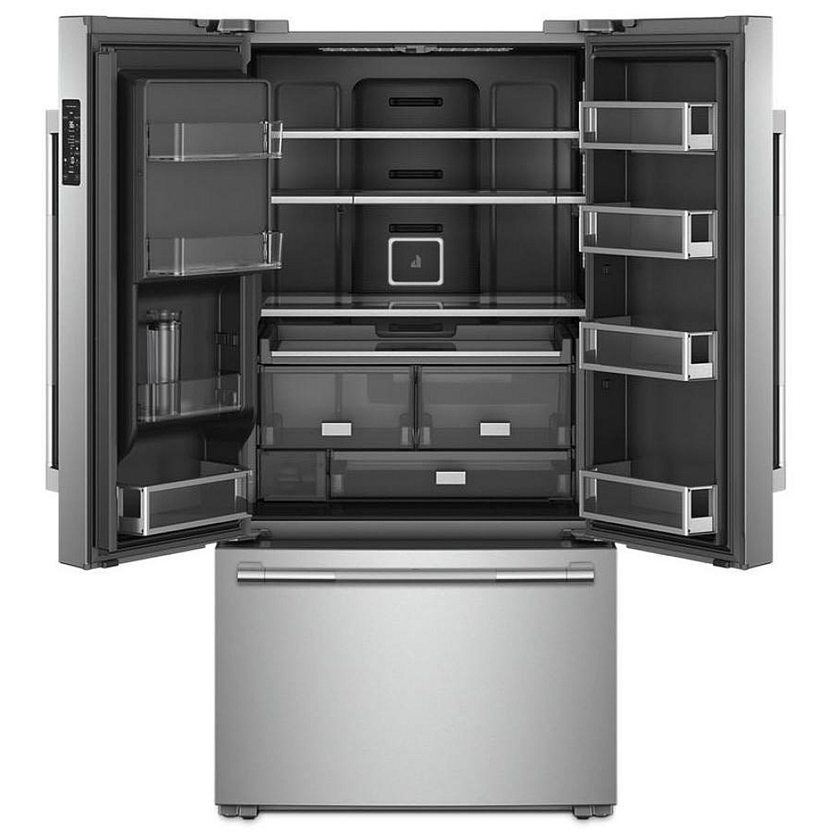 Refrigerator interior with Obsidian finish, adjustable shelves, drawers and door bins