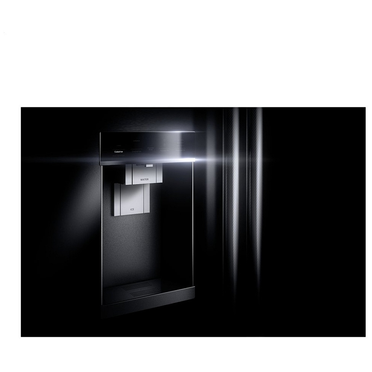 Close‑up of exterior dispenser labeled water and ice with soft lighting