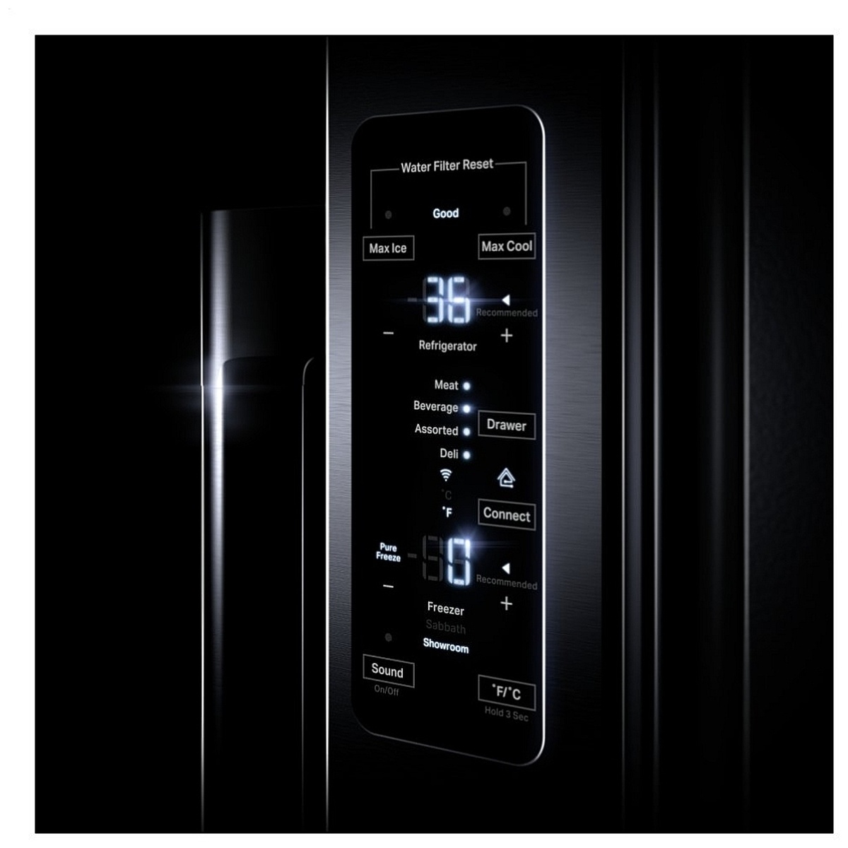 Side‑door touch control panel showing temperature, Max Cool, Max Ice and Connect indicators