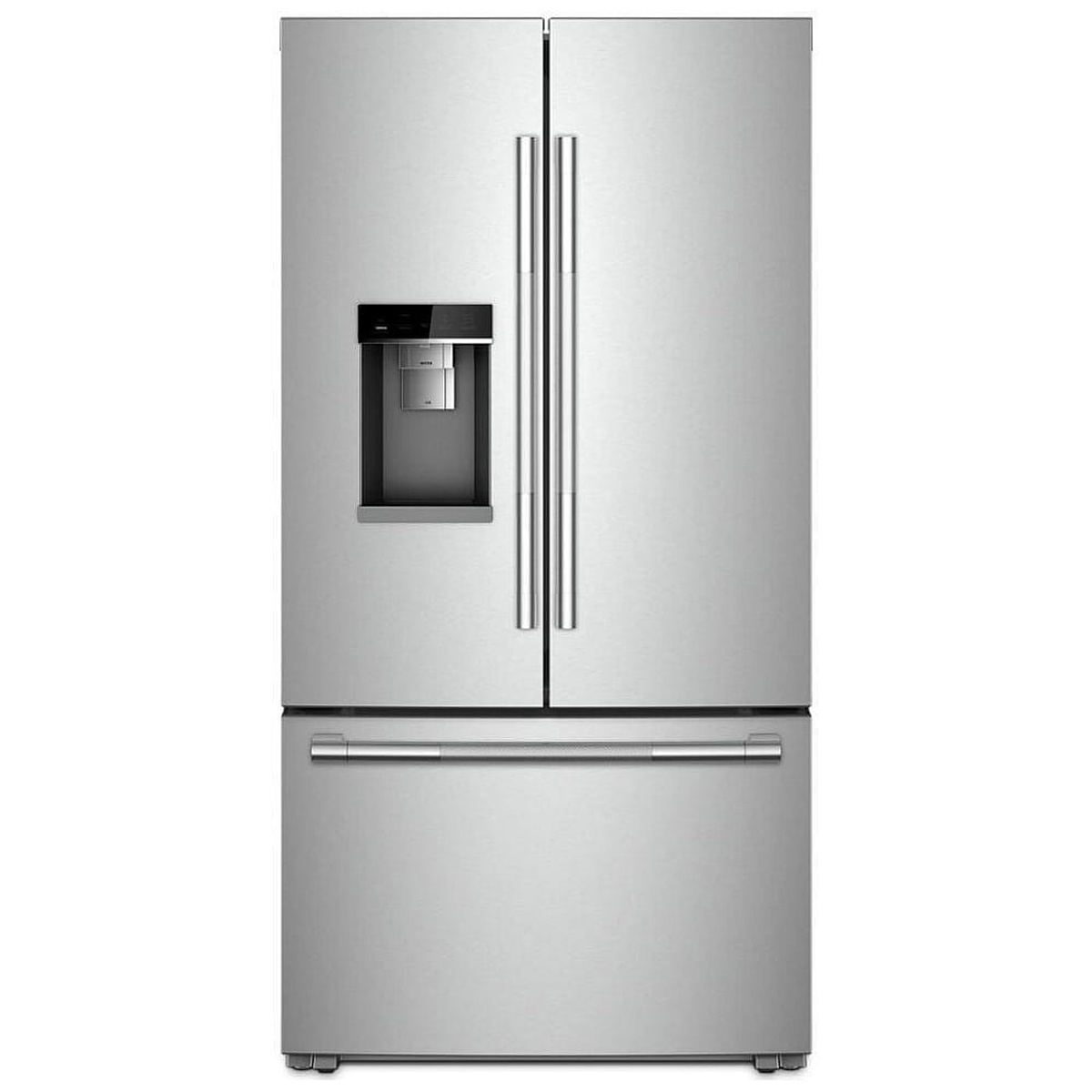 Stainless steel French door refrigerator with exterior water and ice dispenser