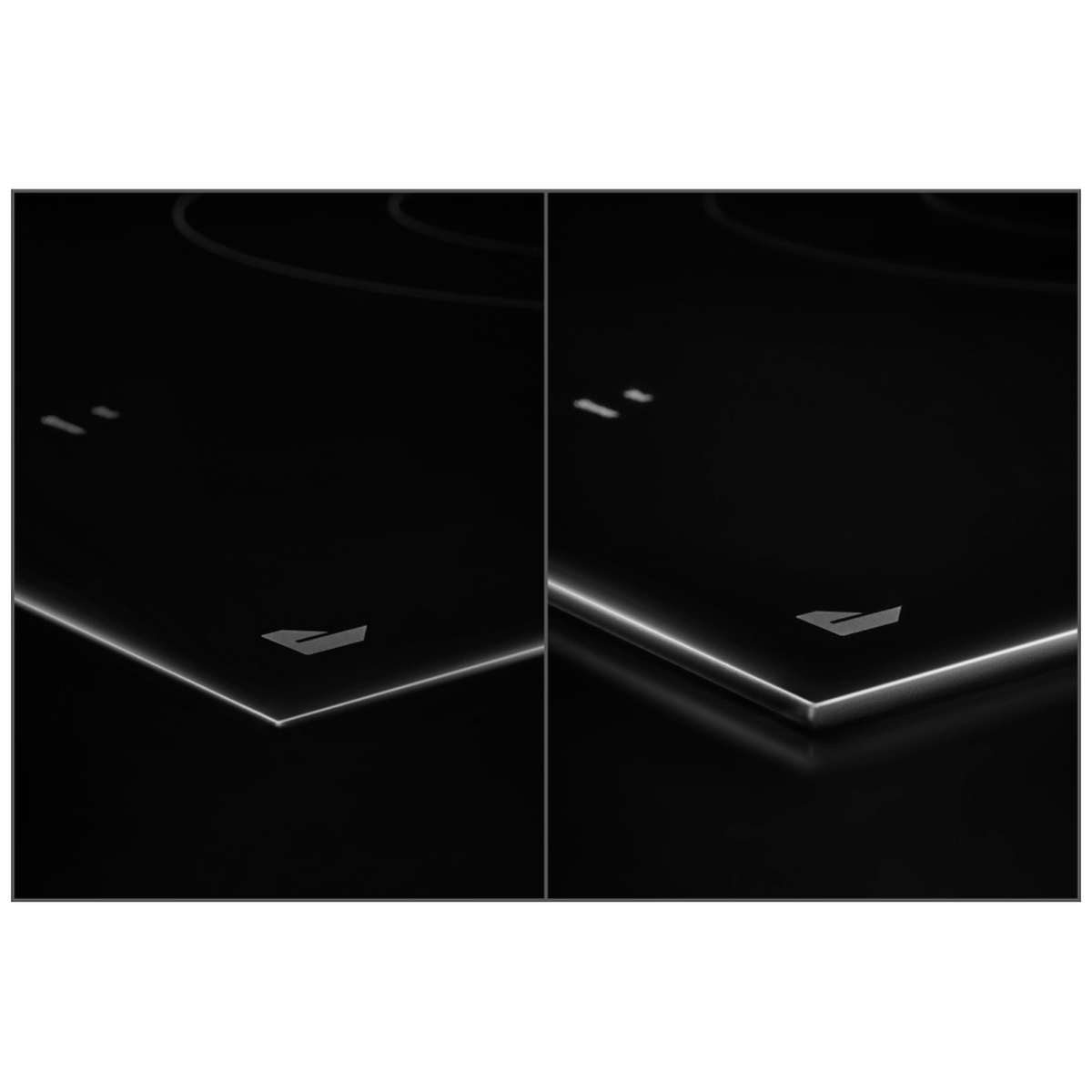 Detail of the cooktop edge showing sleek glass profile suitable for flush or proud installs.