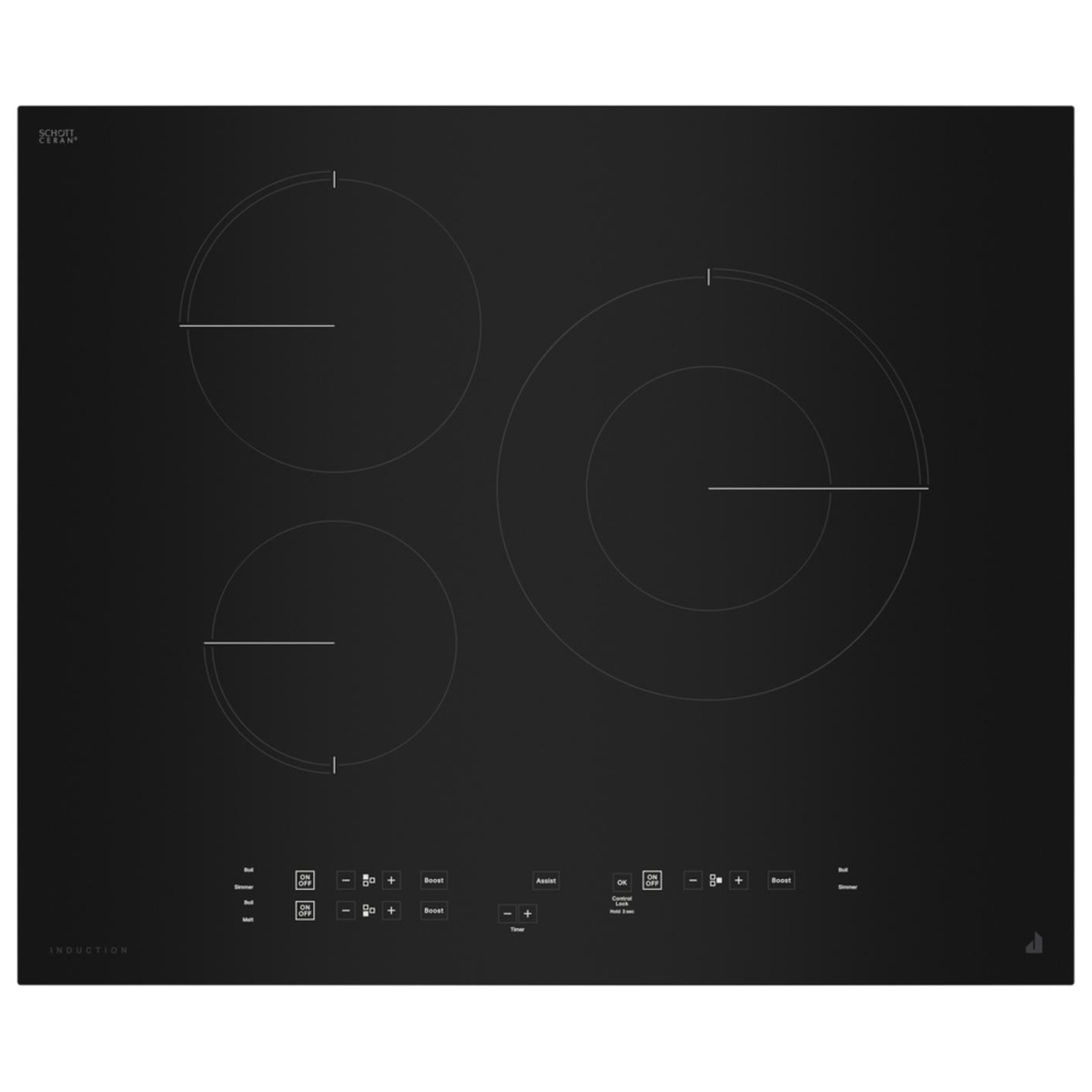 Top-down view of the JennAir 24-inch black glass induction cooktop with three cooking zones and touch controls.