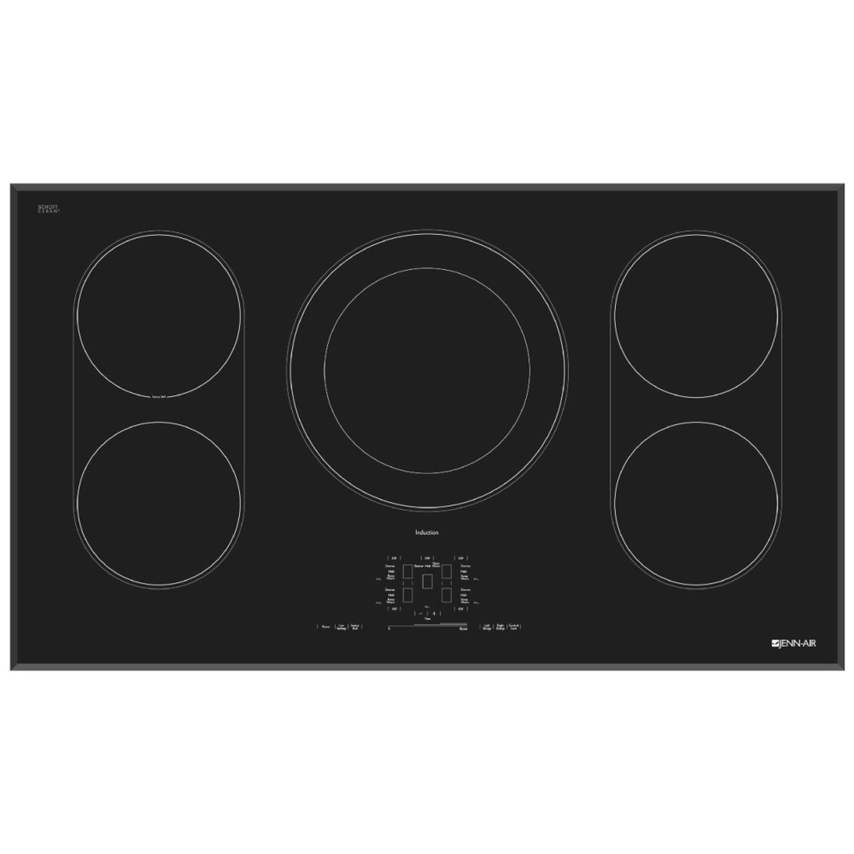 Top view of JennAir 36-inch black induction cooktop with five elements and dual center ring.
