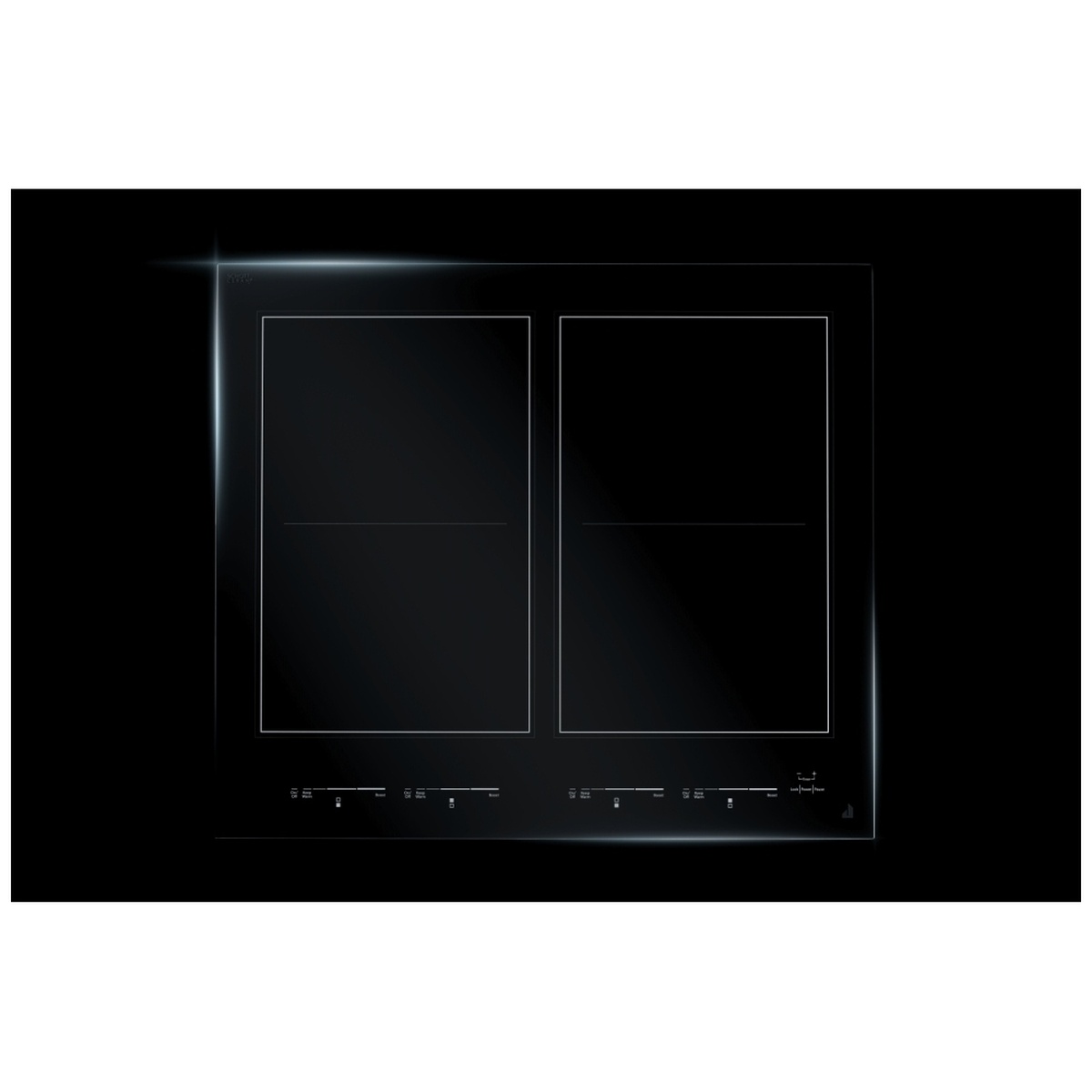 JennAir 24-inch black induction cooktop with two large rectangular cooking zones and minimalist glass design