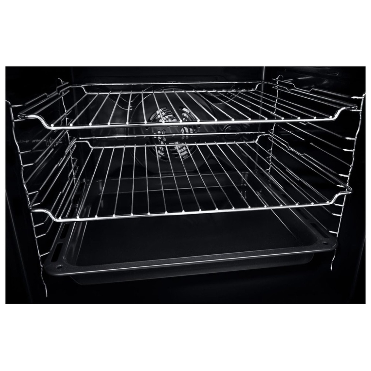 Interior of the oven showing two chrome racks and convection fan