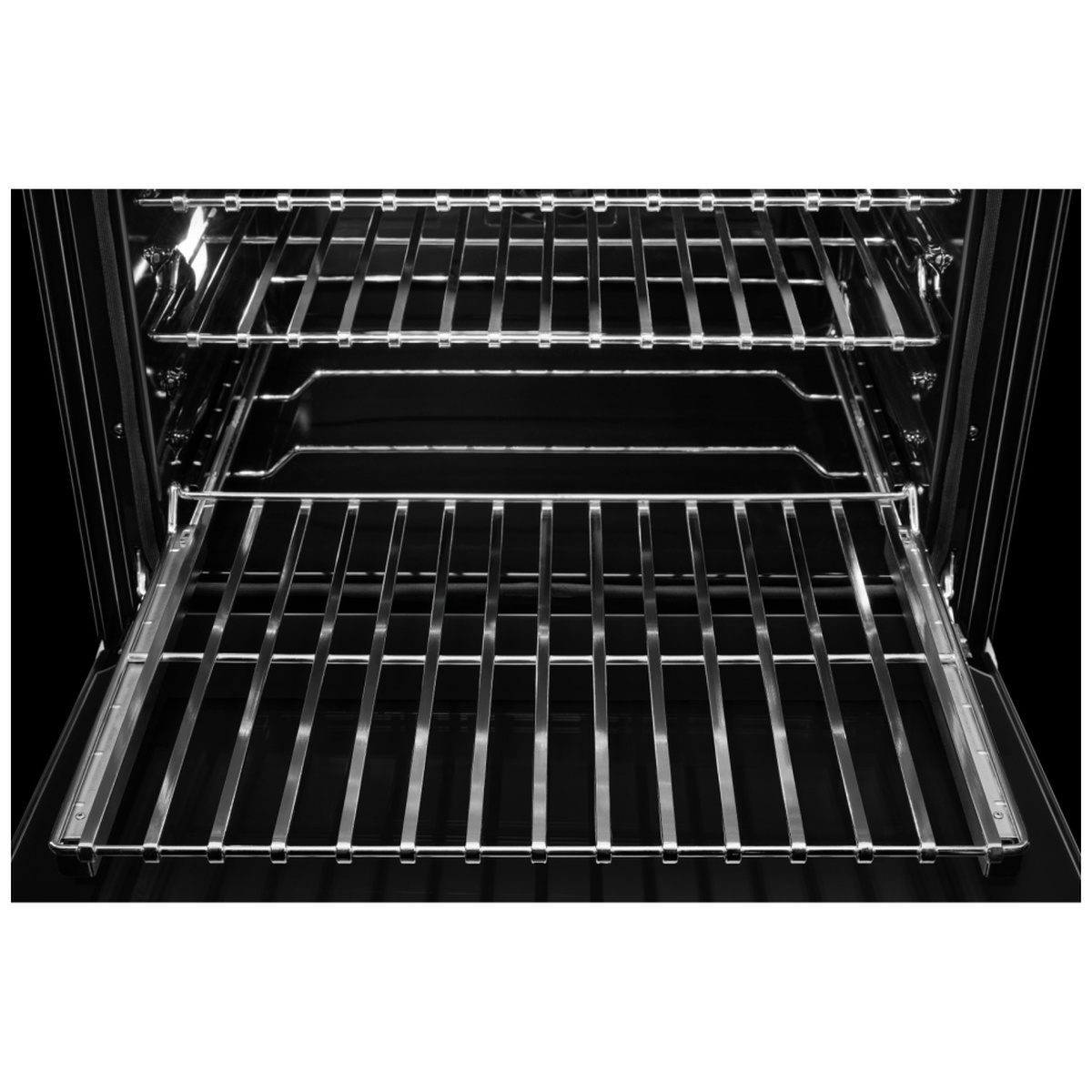 Oven interior with three racks, one full-extension gliding roll-out rack extended