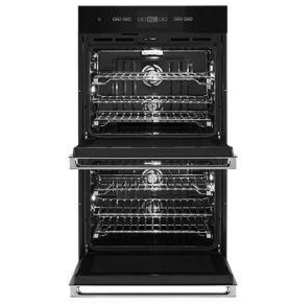 Open double oven showing racks, convection fans, and jet-black interior