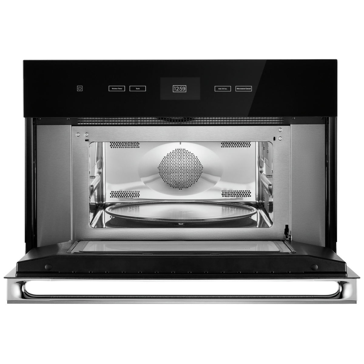 Open JennAir 30-inch built-in convection microwave showing stainless interior and turntable
