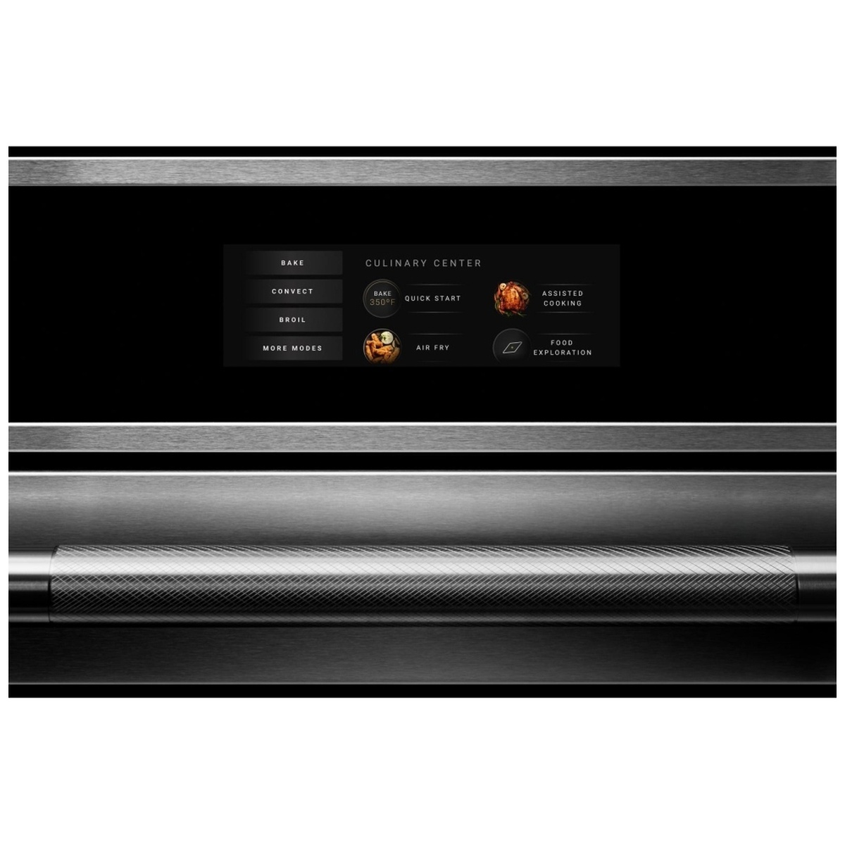Close-up of the ovens full-color touchscreen with options for Bake, Convect, Broil, Air Fry, and Assisted Cooking.