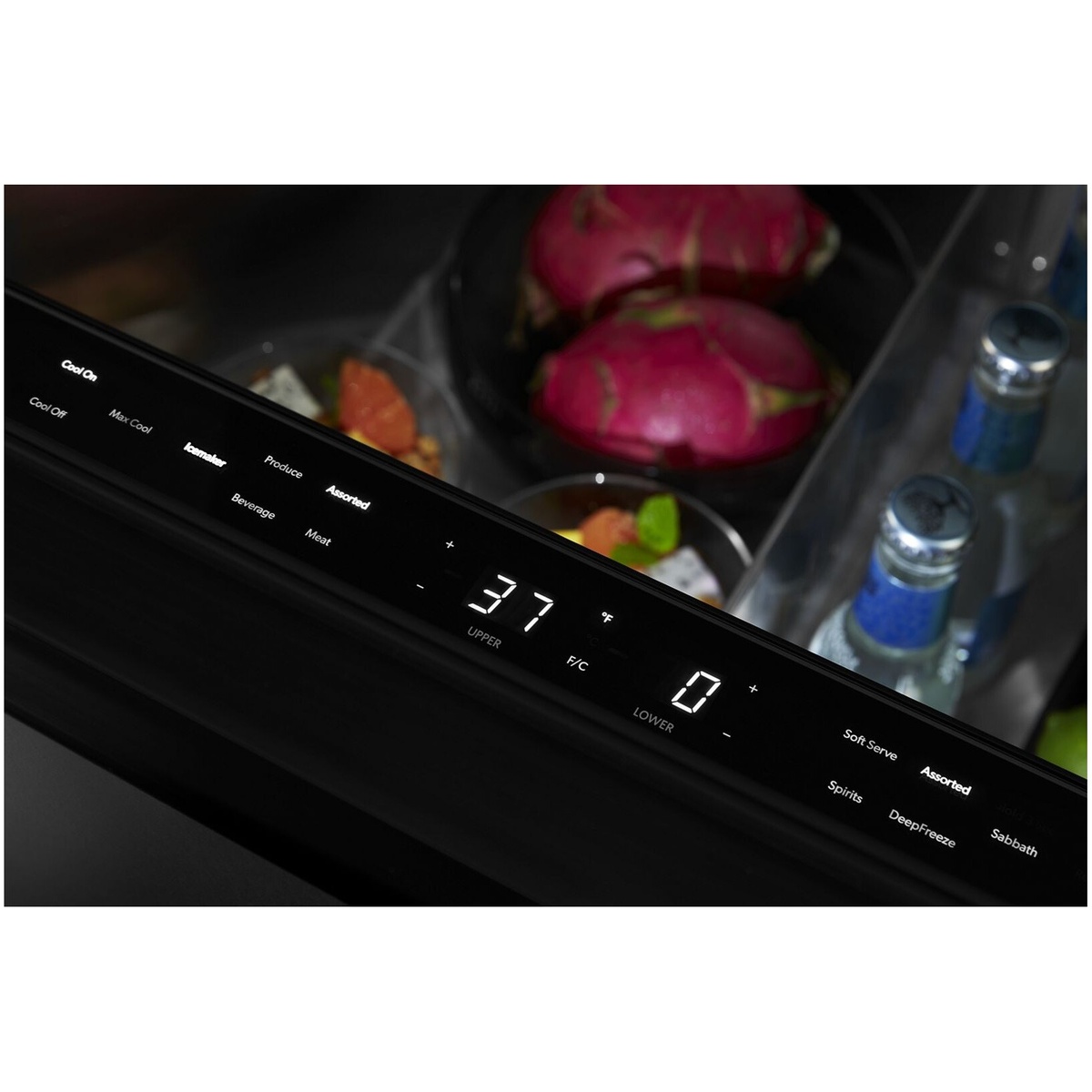 Close-up of illuminated touch controls showing temperature and presets