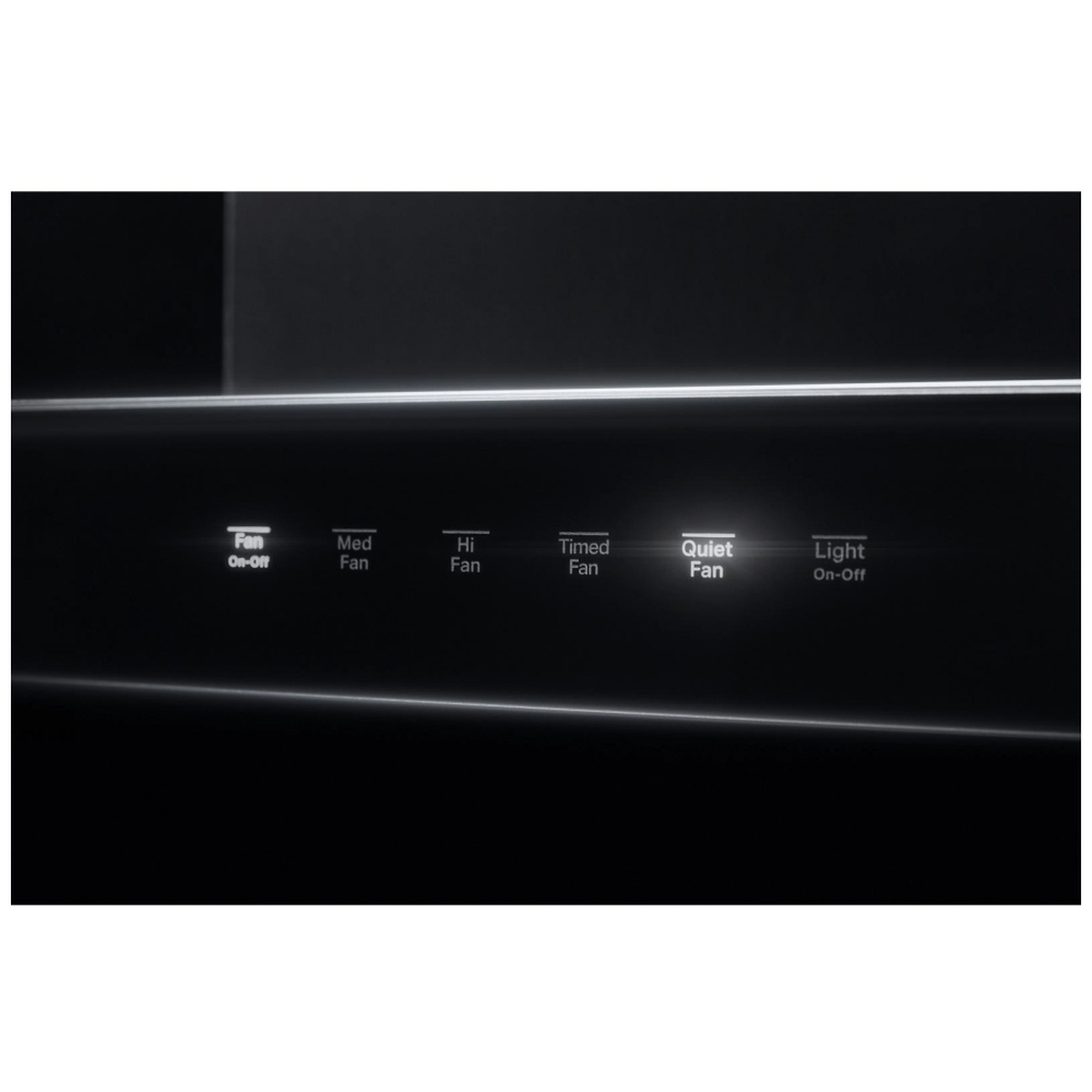 Close-up of the black glass control panel showing Fan, Med, Hi, Timed Fan, Quiet Fan, and Light buttons.