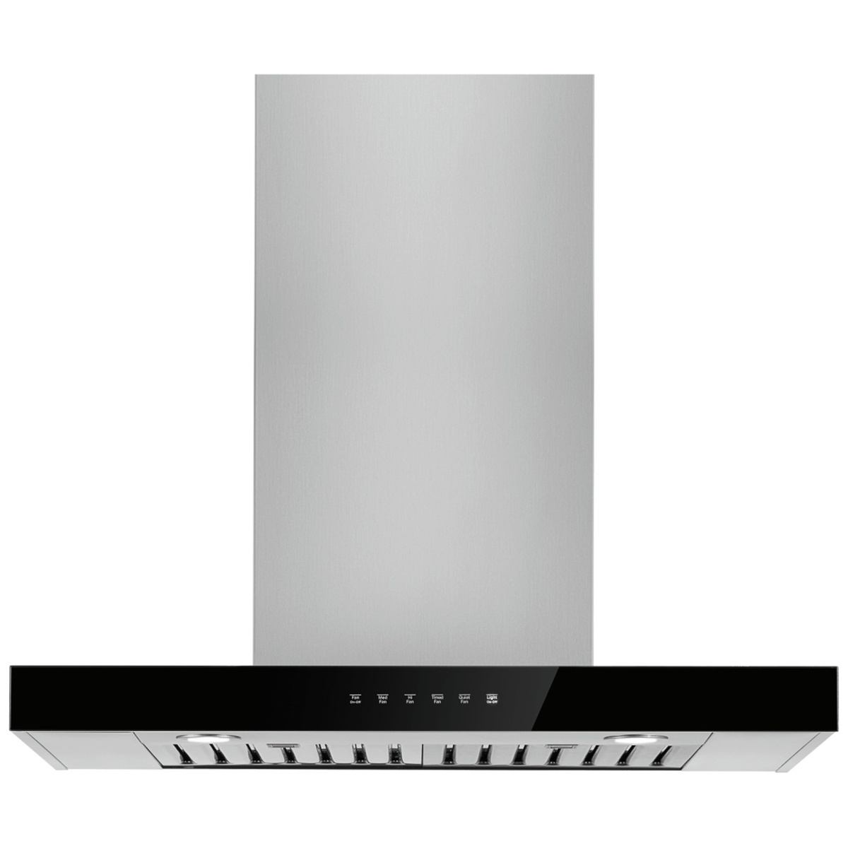 Front view of JennAir wall-mount range hood with stainless chimney, black glass touch panel, and baffle filters.