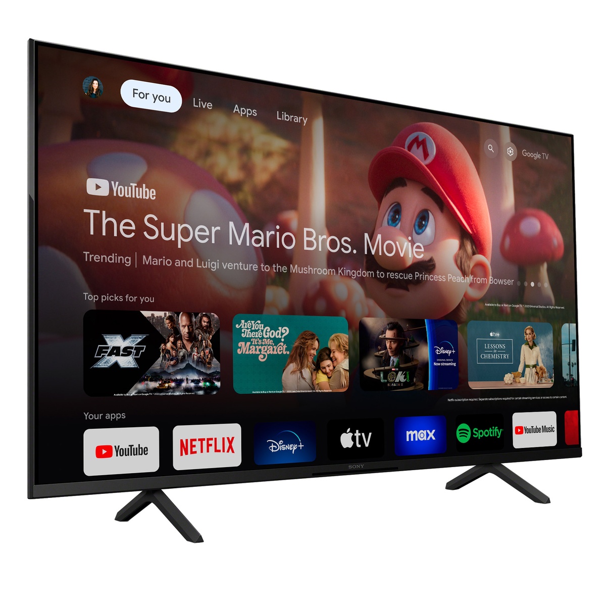 Sony 50-inch TV showing Google TV home screen with popular streaming apps.