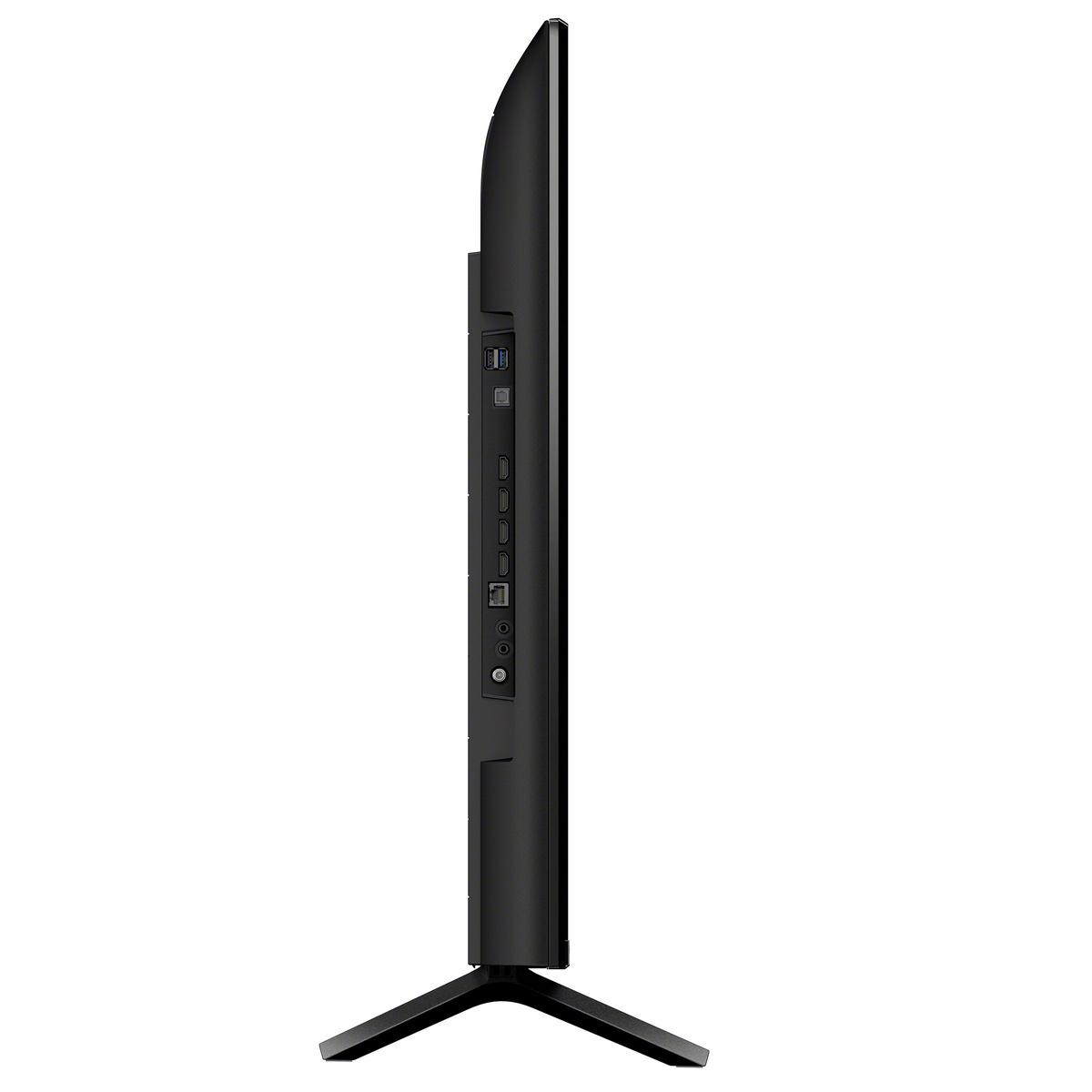 Side view of the TV showing slim profile and input ports including HDMI and USB.