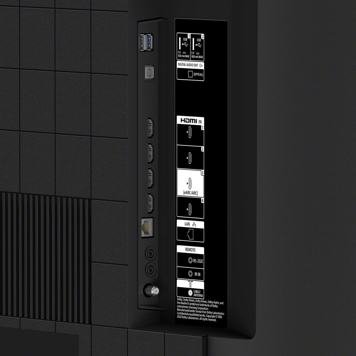 Close‑up of TV rear input panel showing HDMI, USB, optical, LAN, and antenna ports