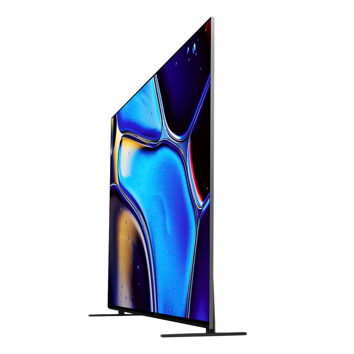 Ultra-slim side profile of the Sony BRAVIA 8 OLED TV on its minimalist feet.