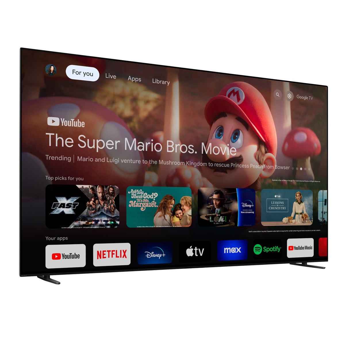 Google TV interface displayed on the Sony BRAVIA 8 showing popular streaming apps and recommendations.