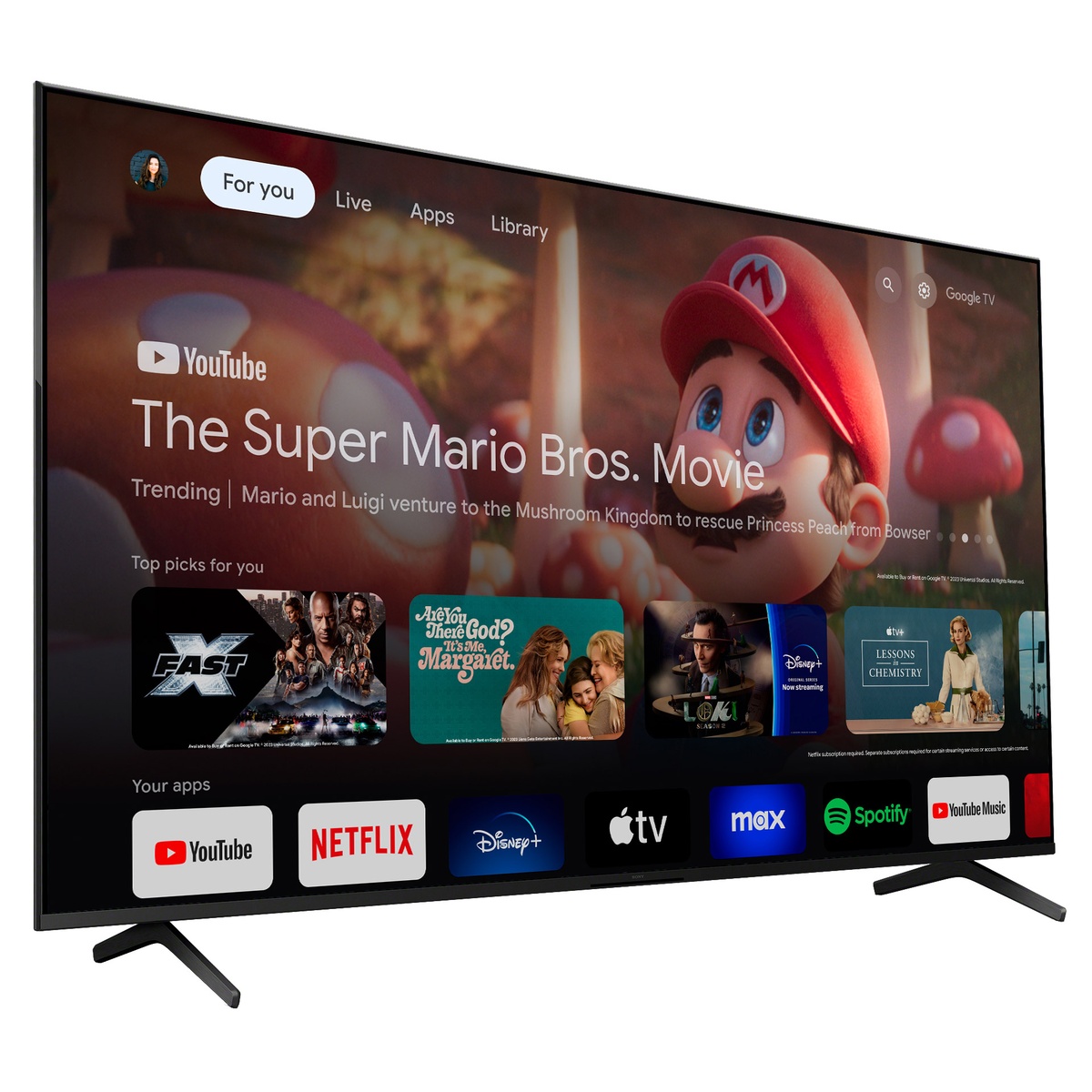 Sony BRAVIA 3 showing Google TV home screen with streaming apps on the 85-inch display