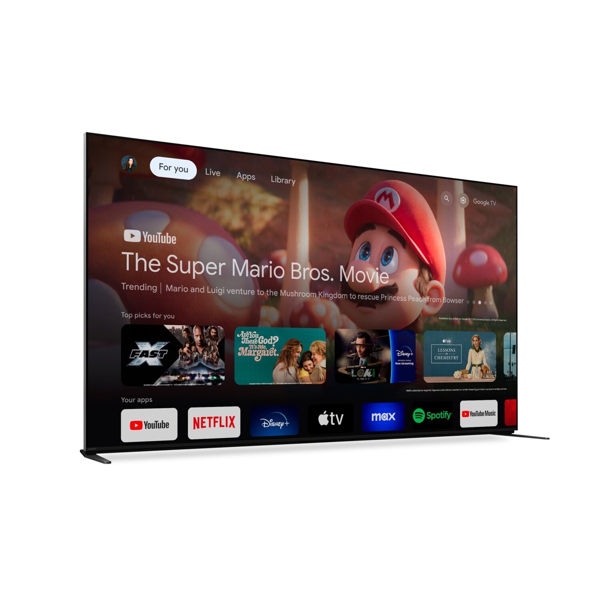 Google TV home screen with popular streaming apps on Sony BRAVIA 9