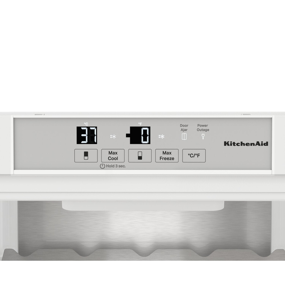 Close-up of KitchenAid electronic control panel with Max Cool and Max Freeze buttons