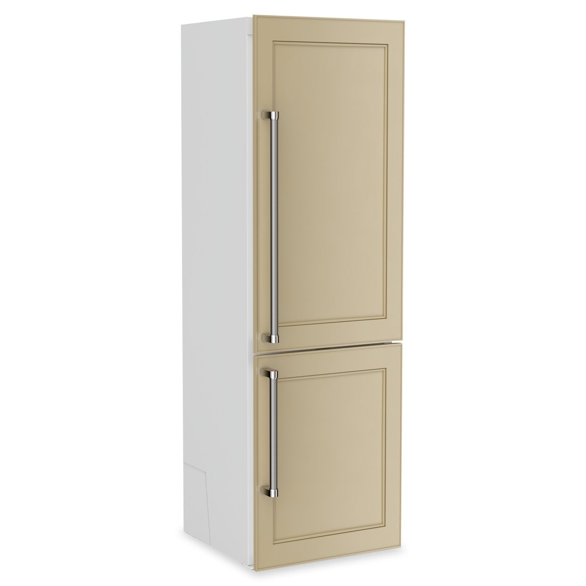 Angled view of panel-ready KitchenAid refrigerator with long stainless handles