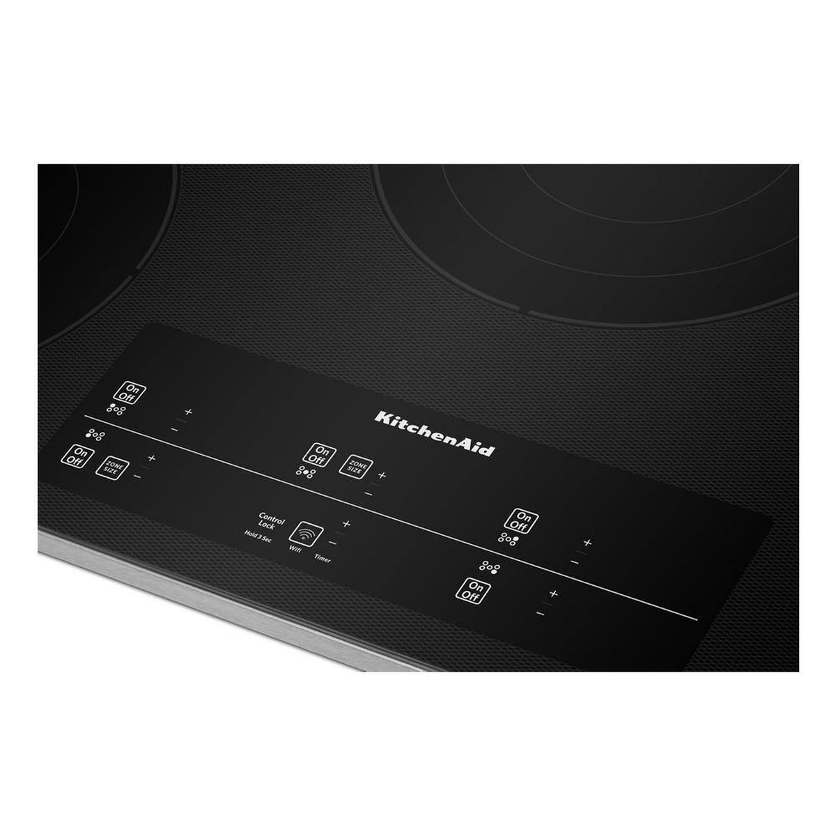 Close-up of touch-activated control panel on the KitchenAid cooktop showing control lock and timer icons