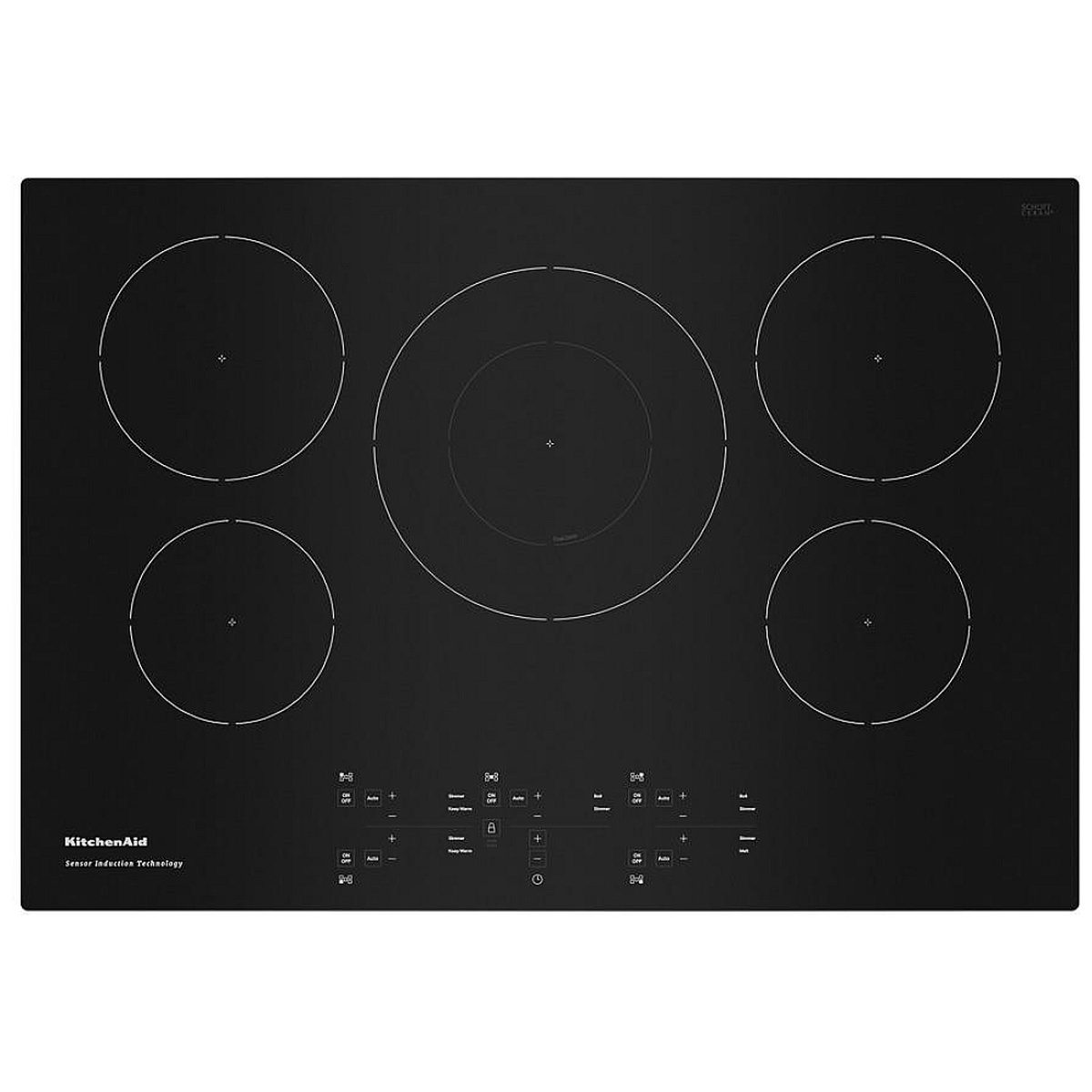 Top view of black KitchenAid induction cooktop showing five elements and touch controls.