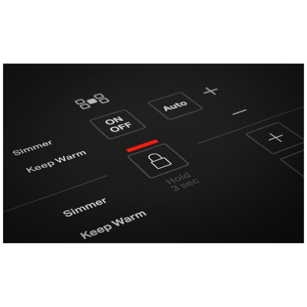 Close-up of touch controls showing Auto preset, plus/minus and a red lock icon.