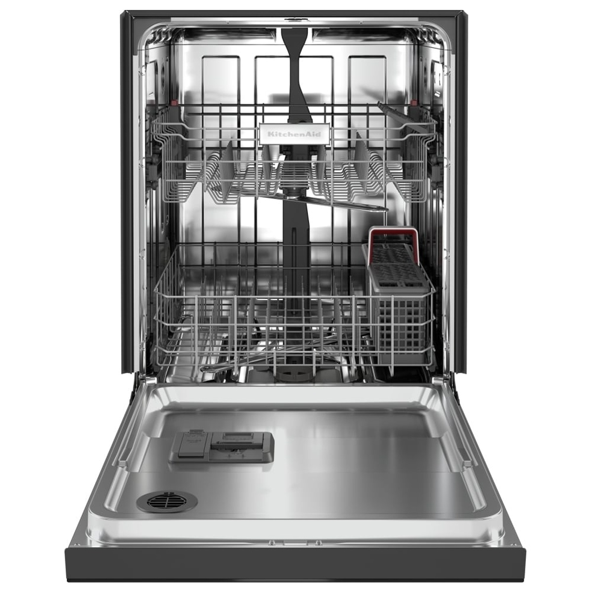 Open dishwasher showing stainless-look interior with two racks and a cutlery basket
