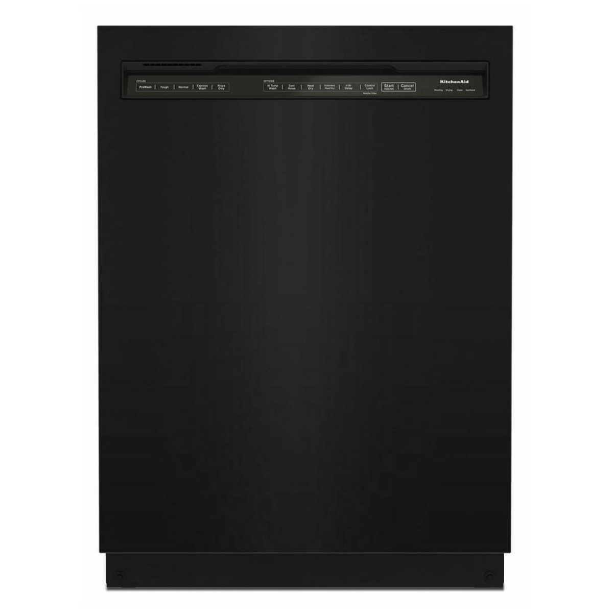 Front view of a black KitchenAid built-in dishwasher with a front control panel