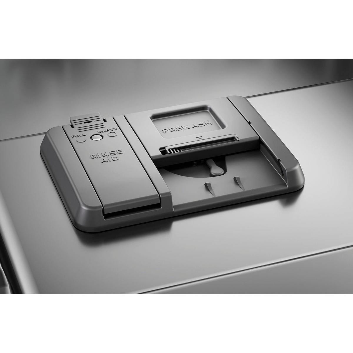 Dishwasher detergent and rinse aid dispenser with labeled compartments