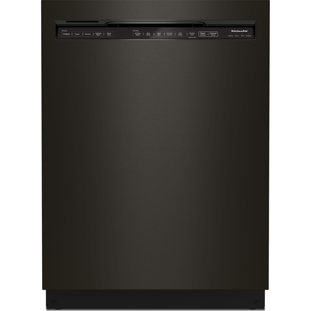 Black stainless KitchenAid built-in dishwasher with top control panel