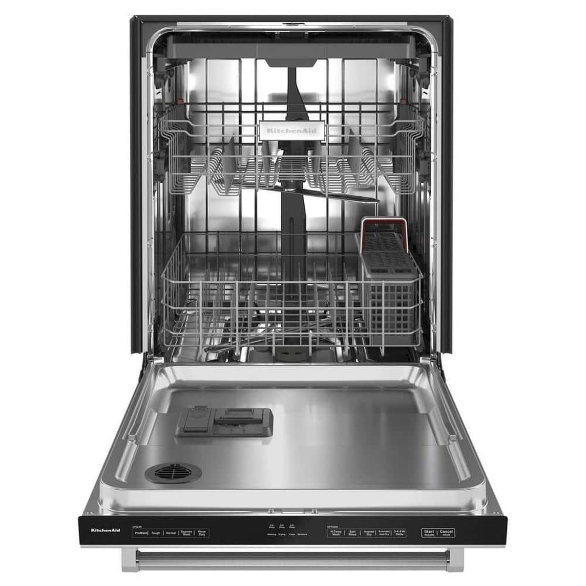 Dishwasher interior showing racks and stainless tub