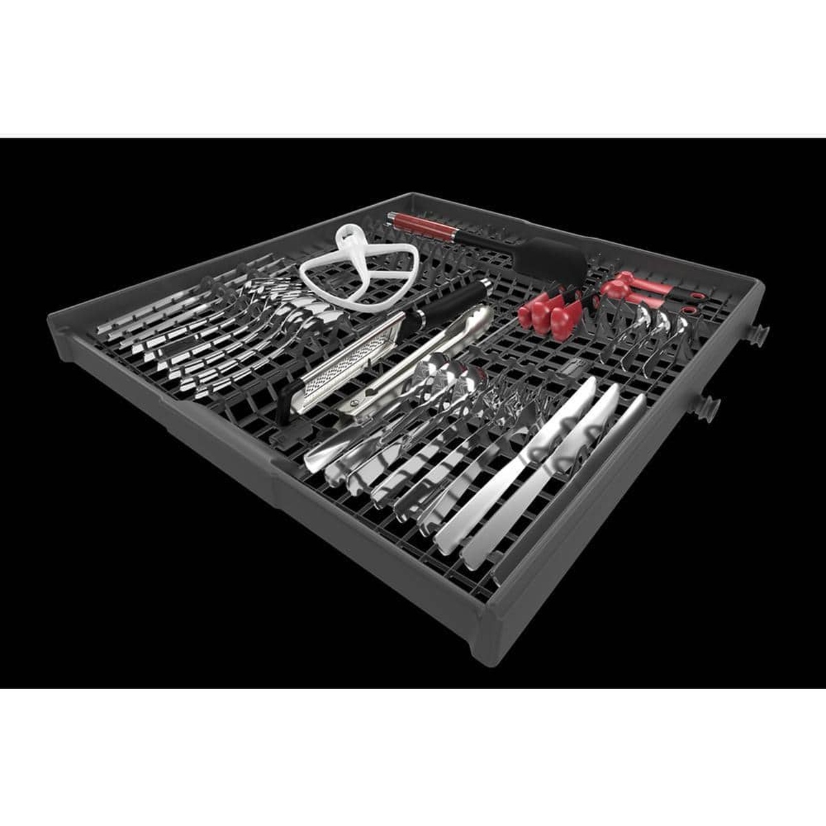 Third level utensil rack loaded with flatware and long tools