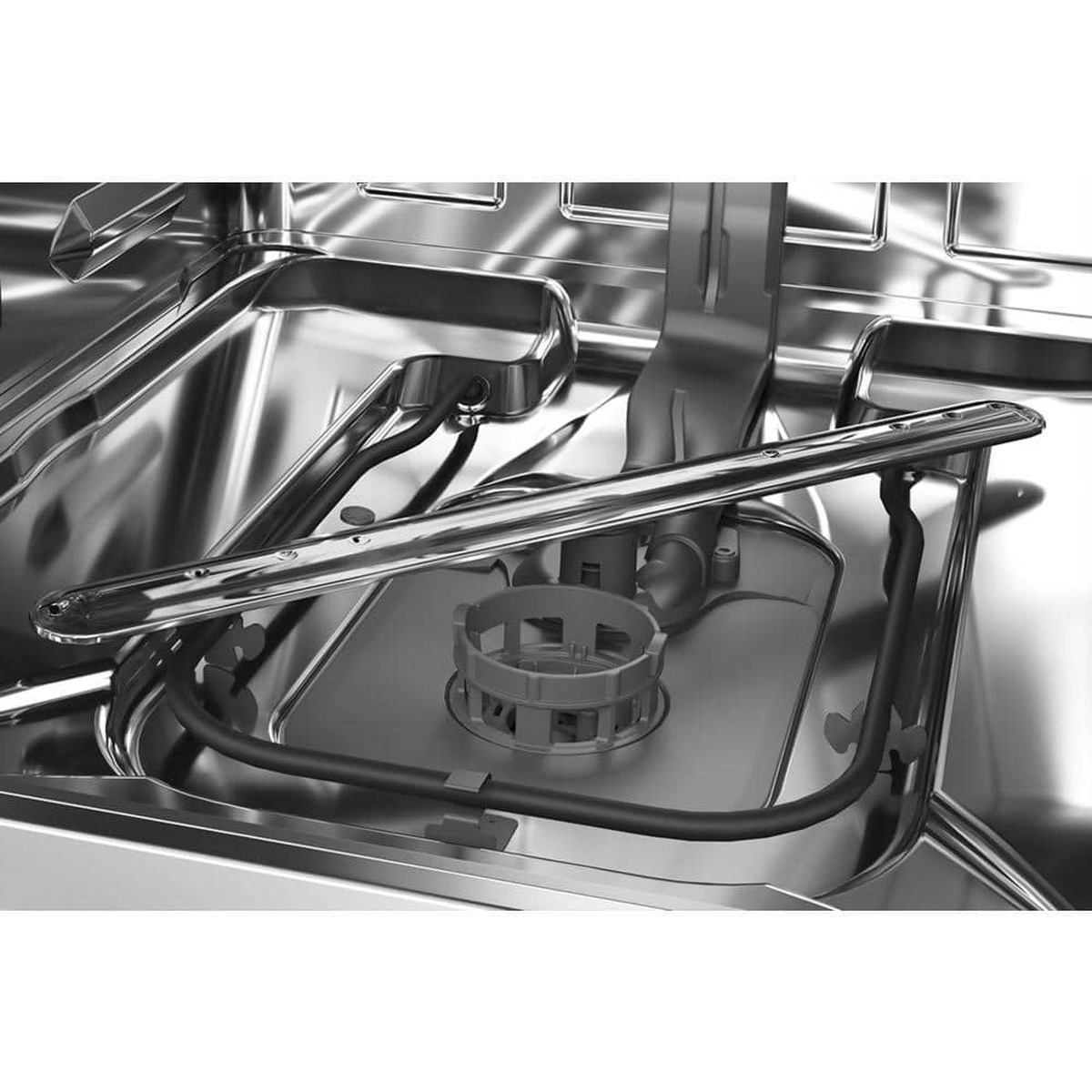 Wash arm and filtration area at the bottom of the dishwasher tub