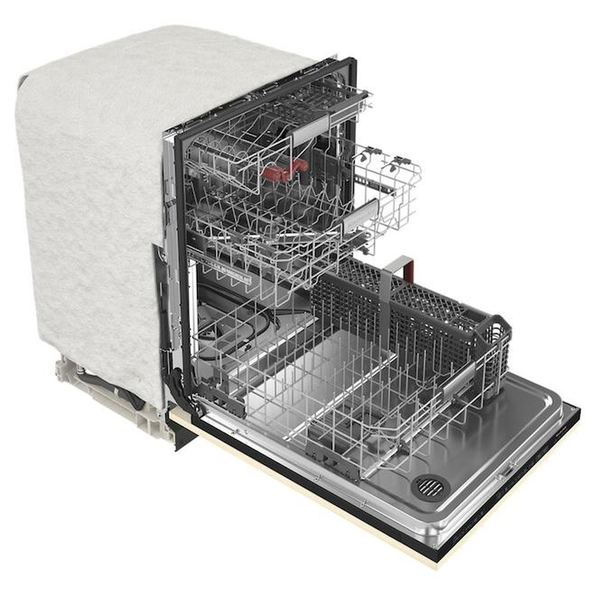 Open dishwasher showing three racks and a utensil rack