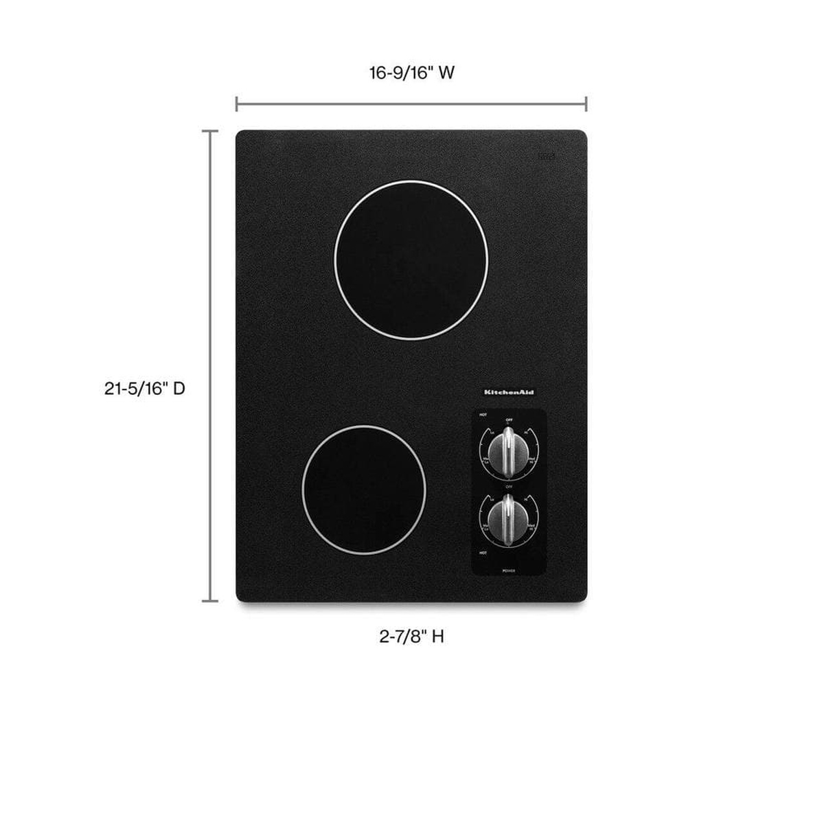 Cooktop with dimensions showing 16-9/16 inch width, 21-5/16 inch depth, and 2-7/8 inch height