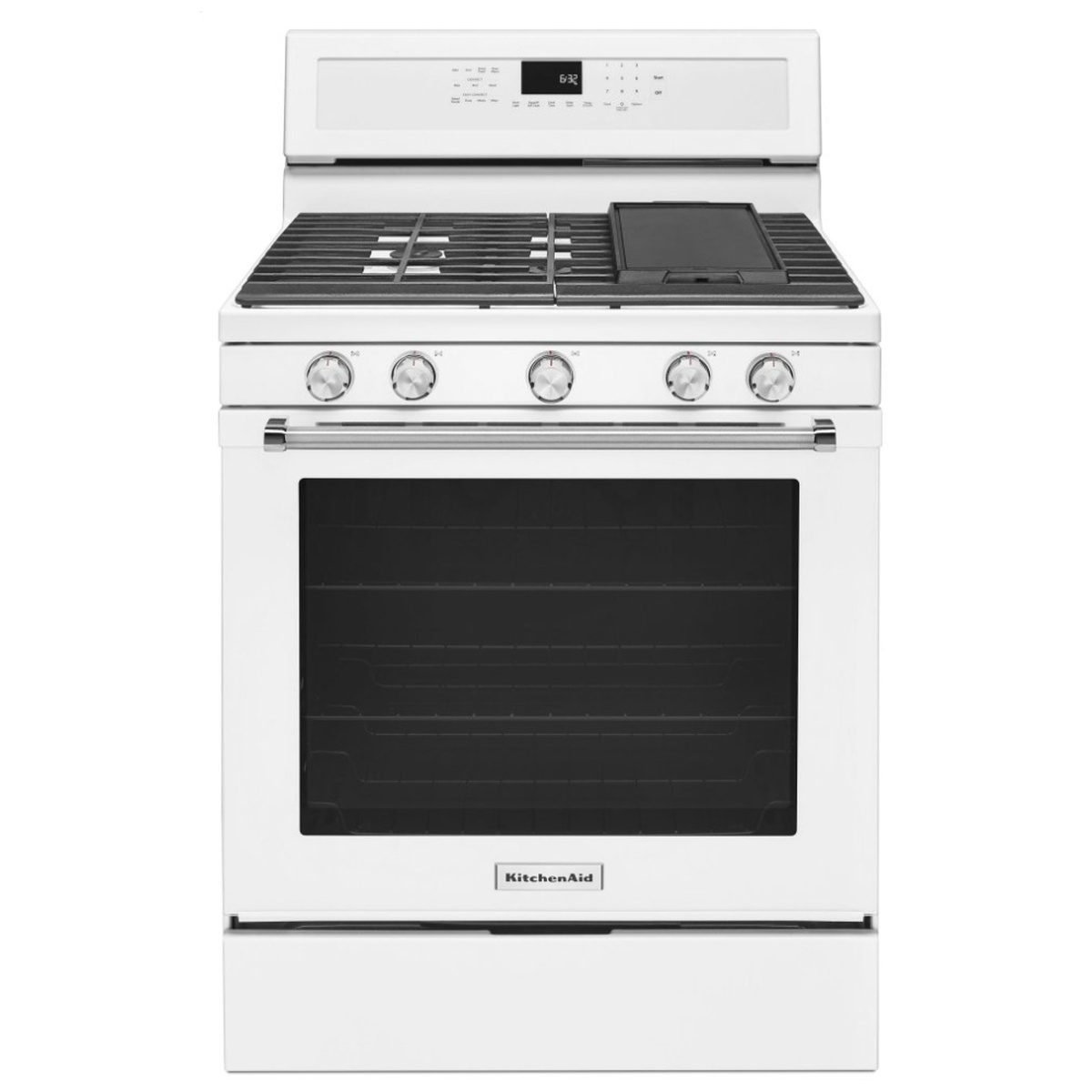 Front view of white KitchenAid freestanding gas range with five knobs and grates