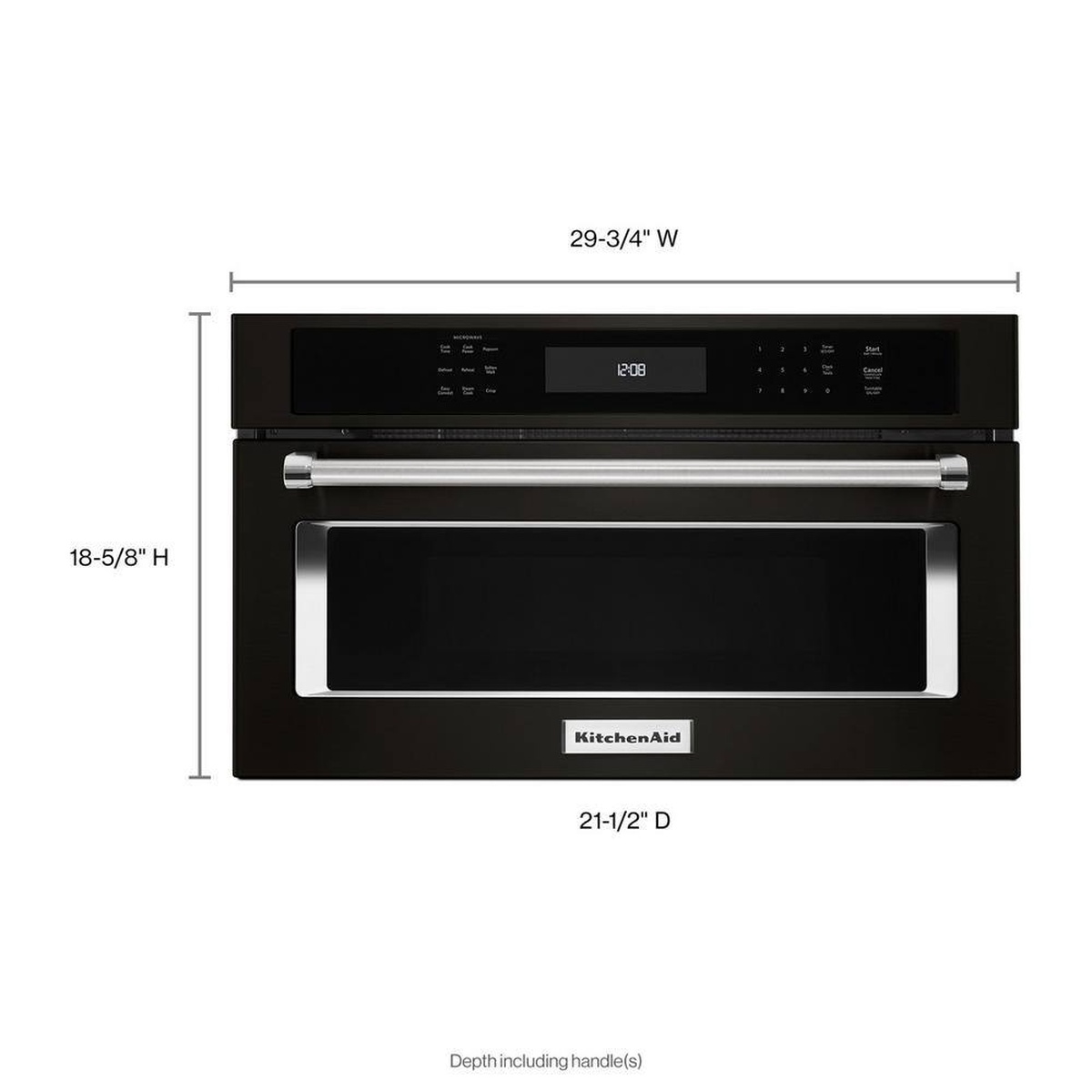 Front view with on-image dimensions showing width, height and depth of the built-in microwave.