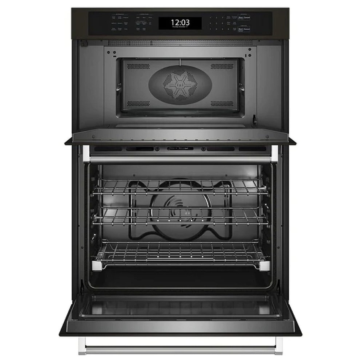 Wall oven and microwave combo shown with doors open and racks visible