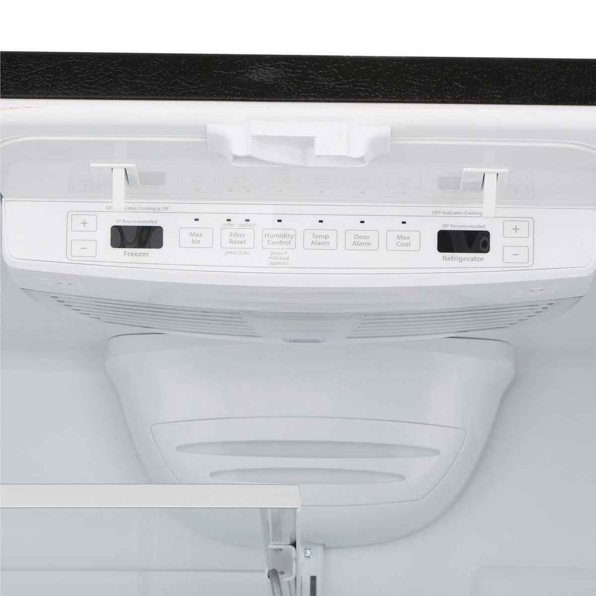 Top interior control panel with filter reset, humidity control, temperature and max cool buttons