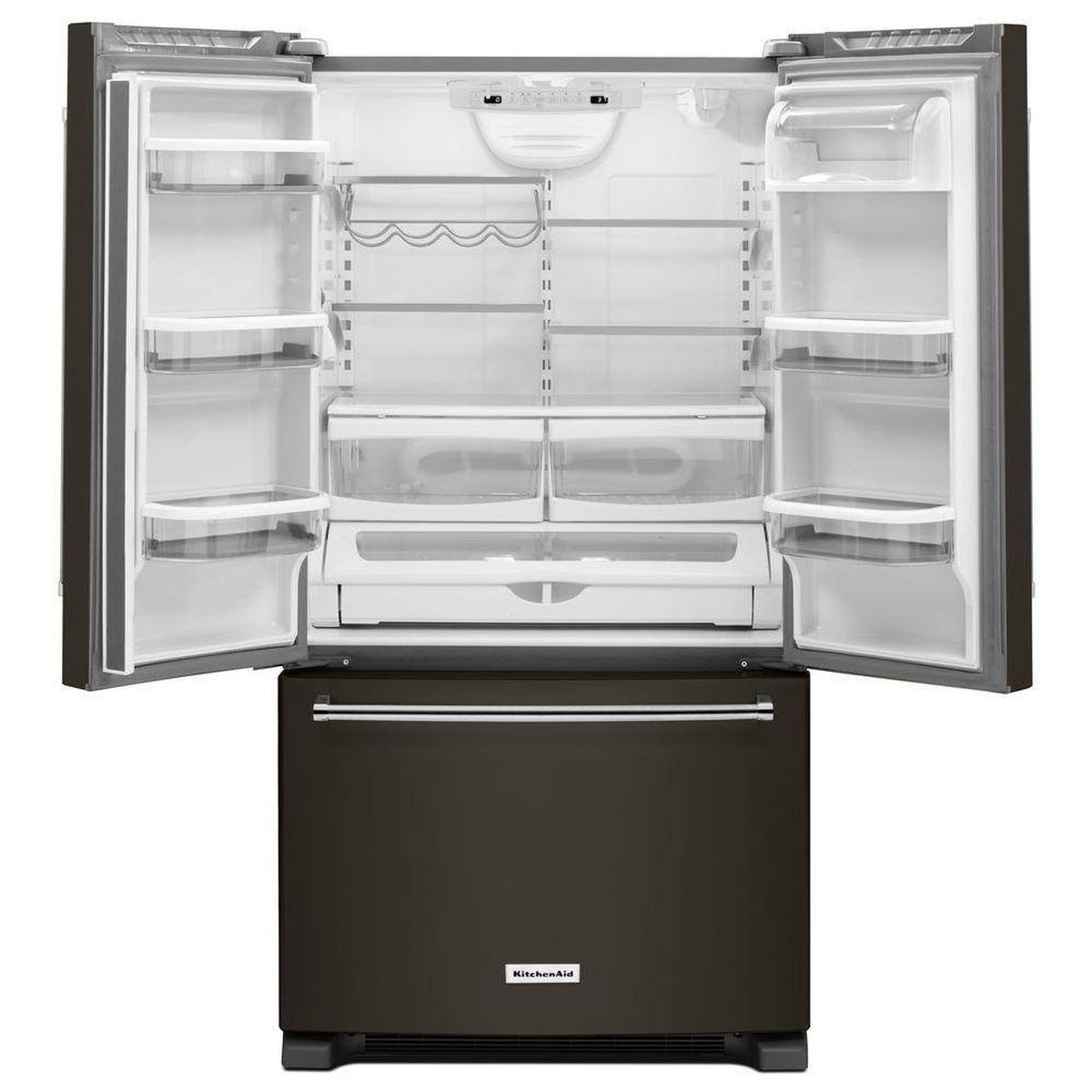 Interior of the French door refrigerator with open doors showing shelves, door bins and crispers
