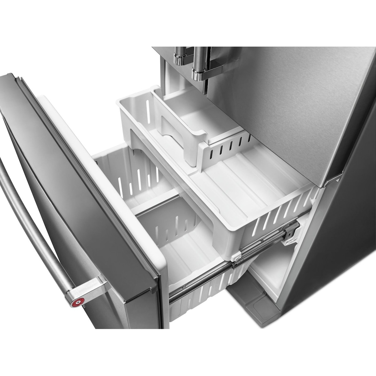 Freezer drawer open showing dual-tier baskets for organization