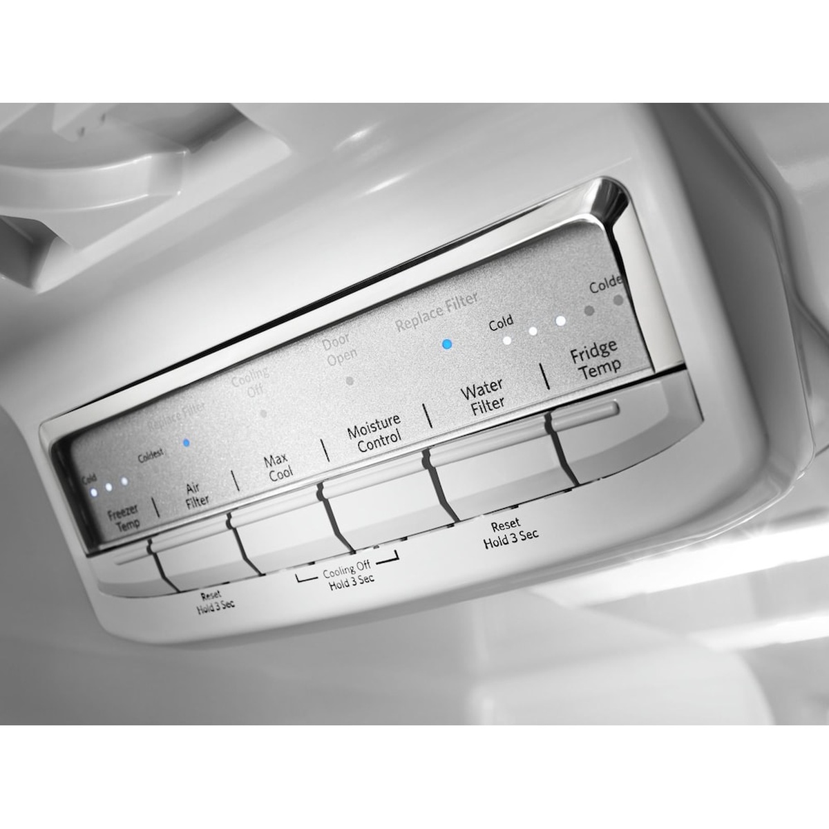 Close-up of the refrigerator's electronic control panel with filter and temperature indicators