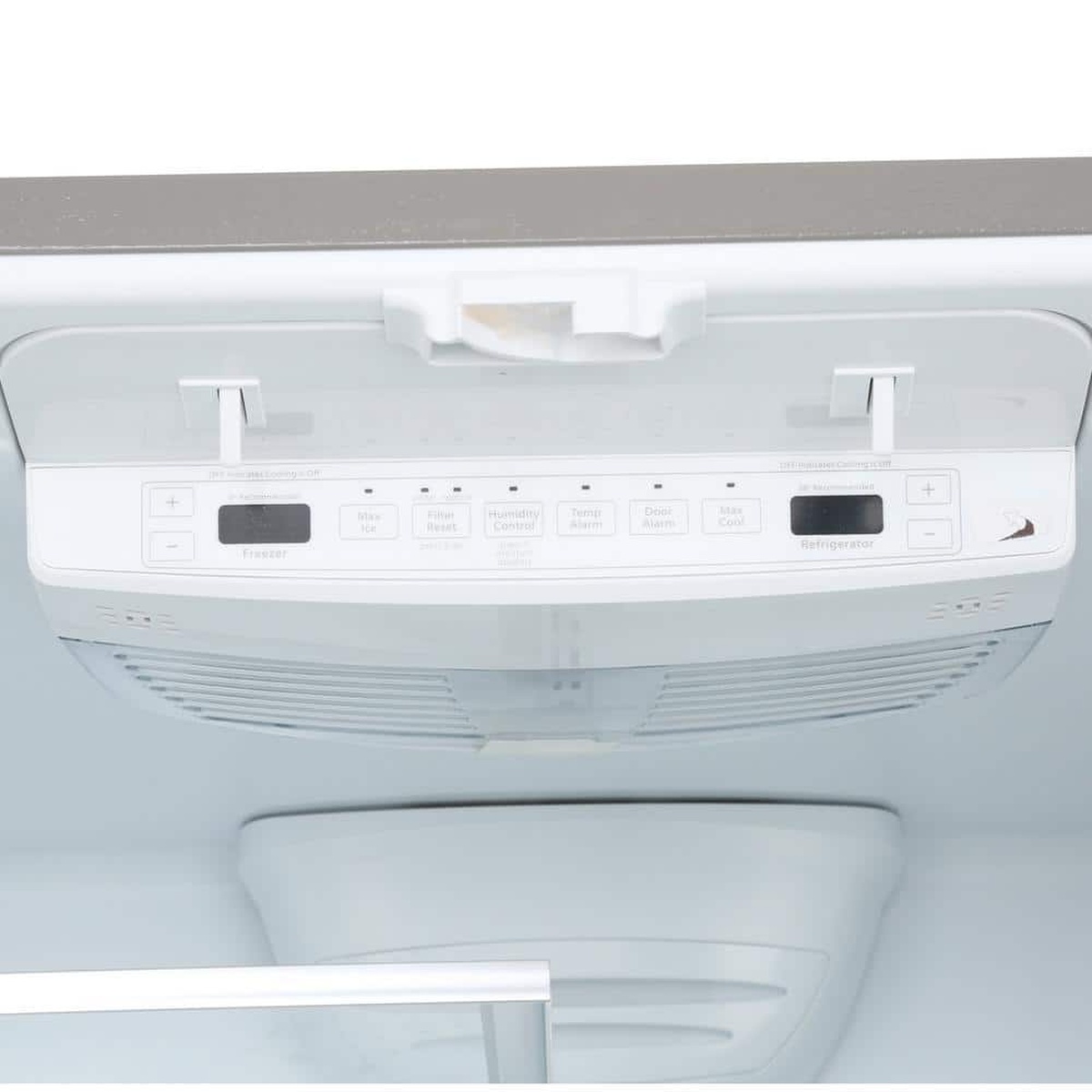 Close-up of interior control panel with Max Cool, door and temp alarm buttons.