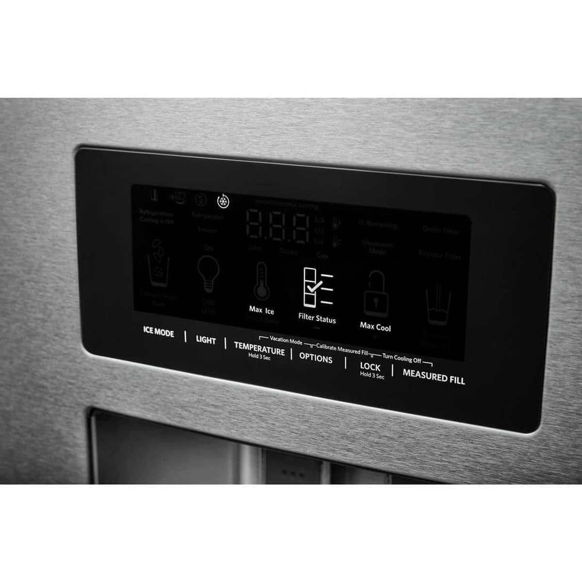 Close‑up of exterior dispenser control panel showing measured fill and max cool options