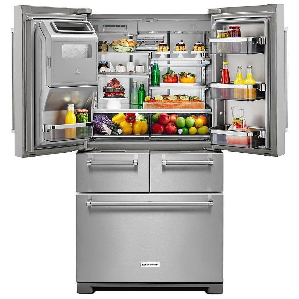Open KitchenAid French door refrigerator showing 5-door layout with in-door ice bin and organized shelves and door bins